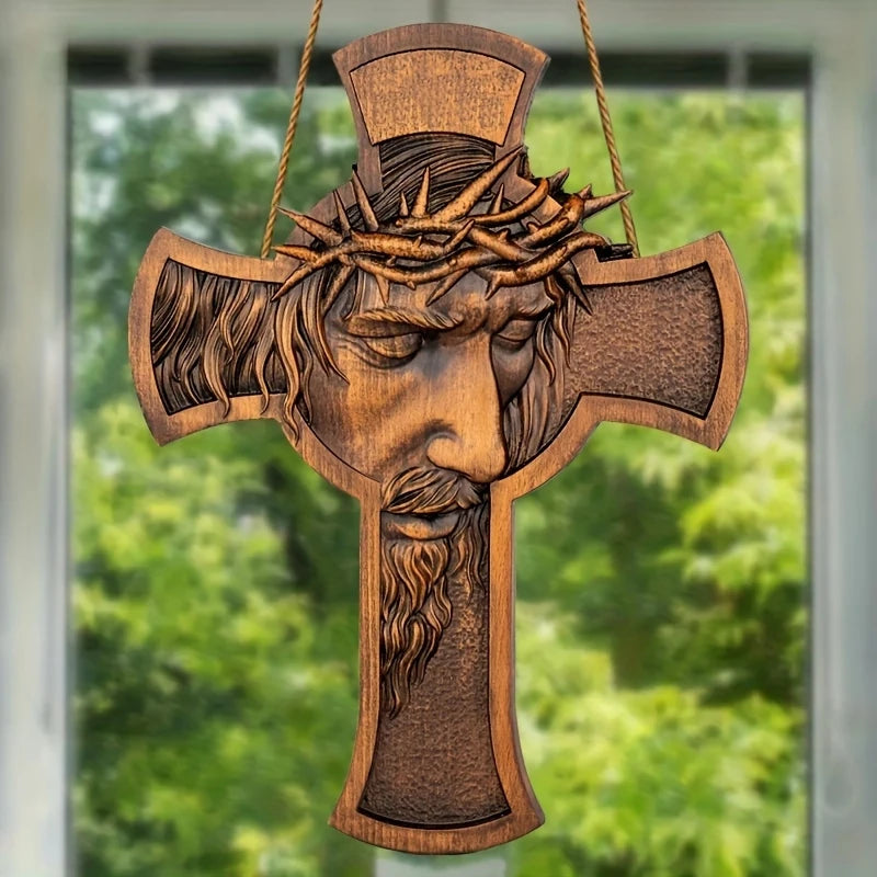 Flat wooden cross with crown of thorns