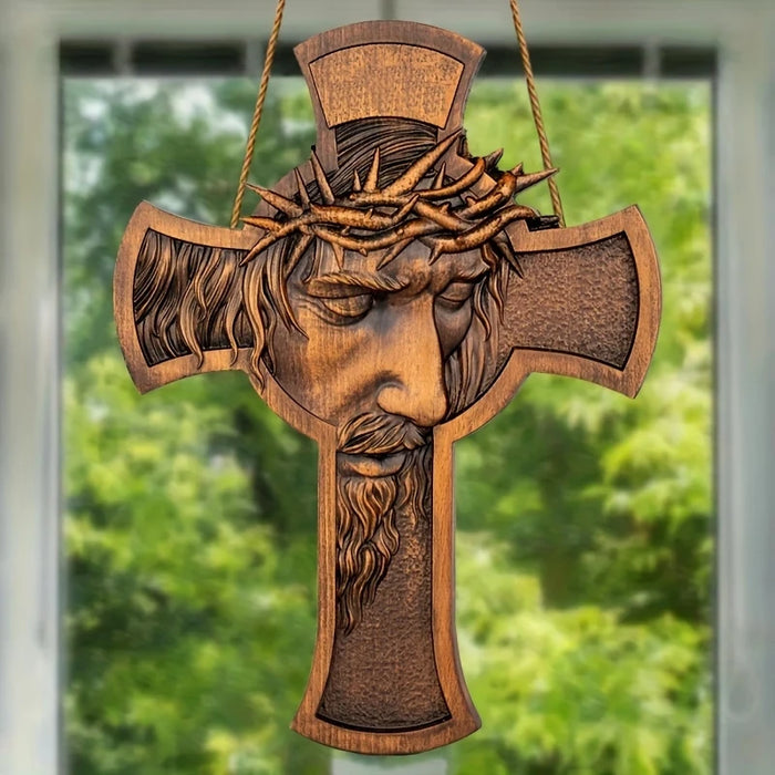 Flat wooden cross with crown of thorns