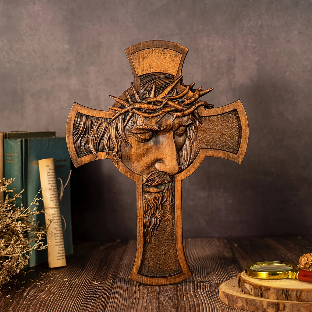 Flat wooden cross with crown of thorns