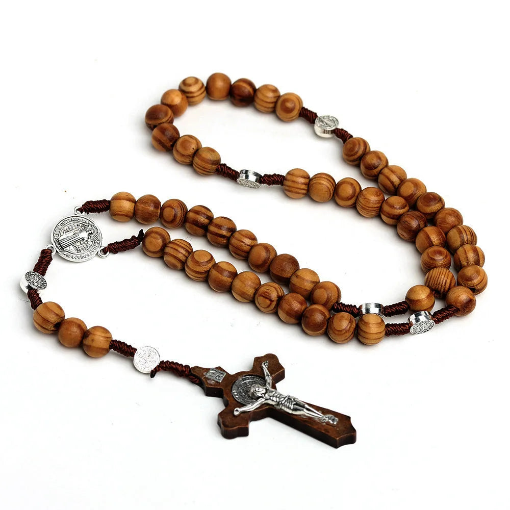 Wooden bead rosary necklace