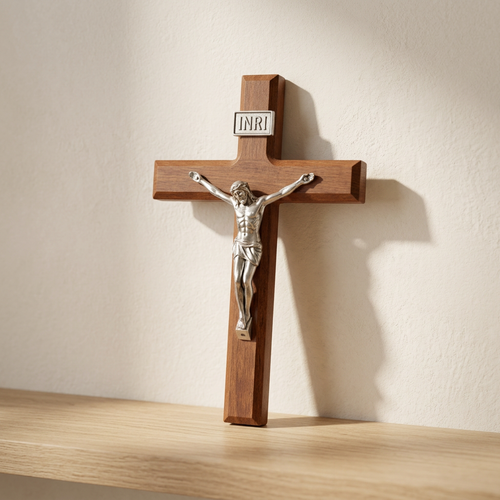 Hand-carved wooden wall cross propped against a plaster wall