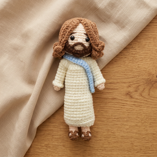 Crocheted Jesus doll photographed from above on oak and linen