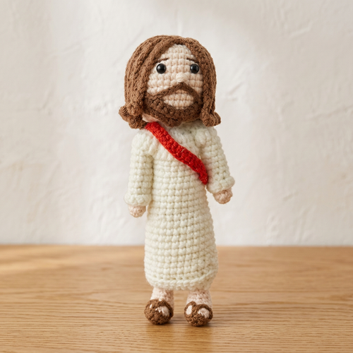 Crocheted Jesus doll standing on a warm oak surface