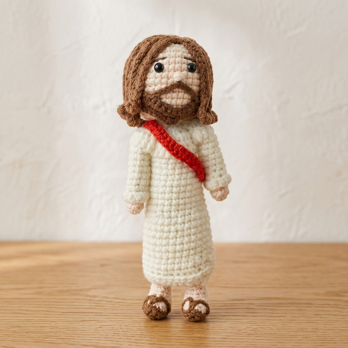 Crocheted Jesus doll standing on a warm oak surface