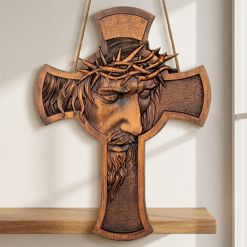 Flat wooden cross with crown of thorns hanging on a plaster wall