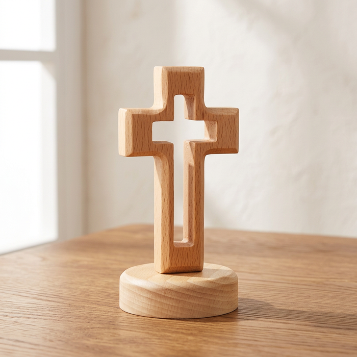 Standing wooden crucifix on a warm oak surface