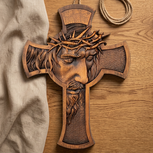 Flat wooden cross photographed from above on oak and linen