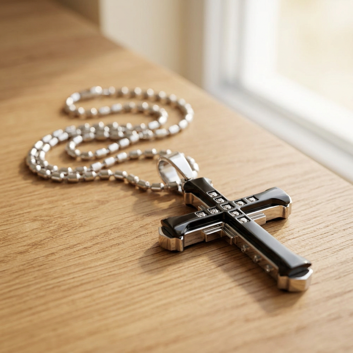 Zirconia cross pendant necklace laid on warm oak